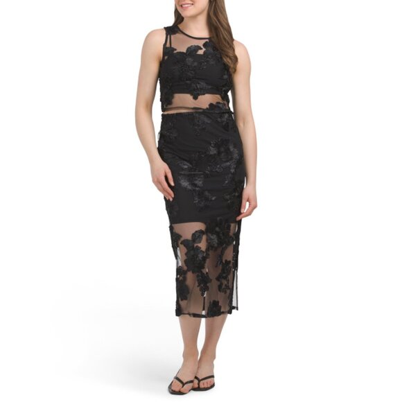 CAMILA COELHO Black 2pc Pull On Floral Embroidered Skirt And Top Set